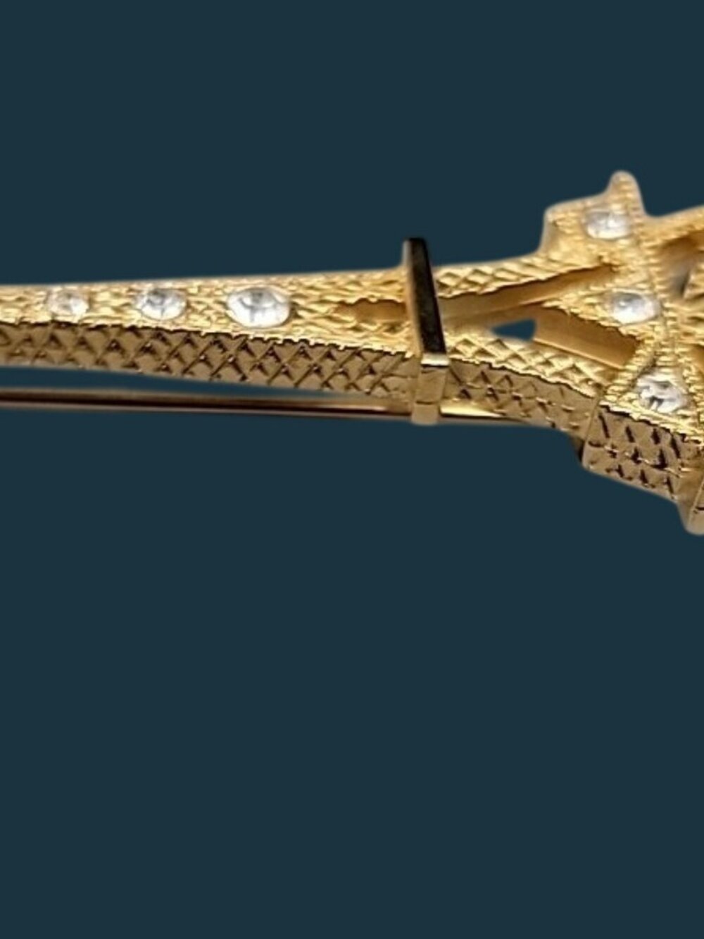 Vintage Rhinestone Eiffel Tower Brooch Gold Tone Open Work Cross Stitch Paris - Picture 4 of 7